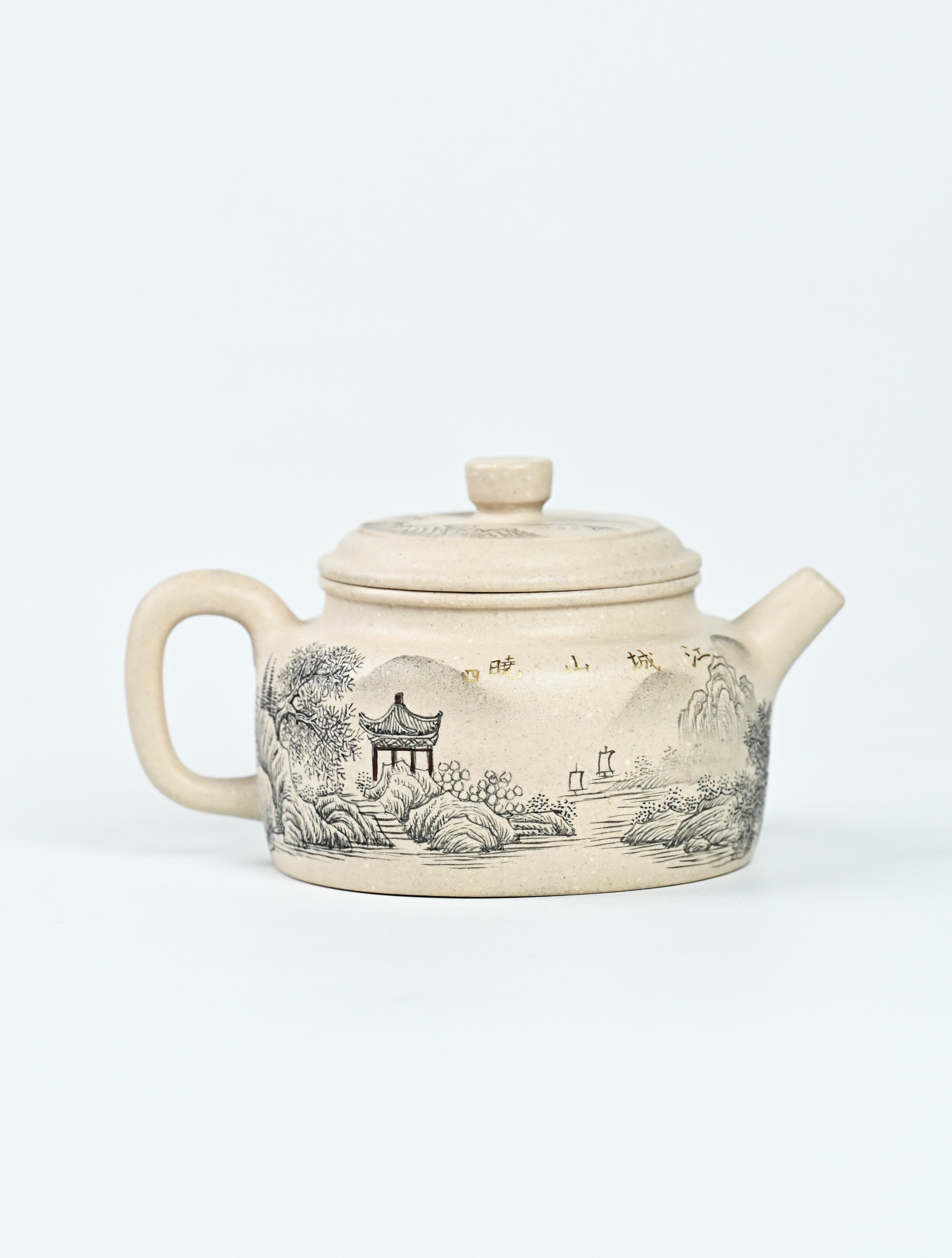 YANYOO handmade Yixing teapot featuring suet white jade Duanni clay and delicate ink painting technique from Jingdezhen China, product right side.