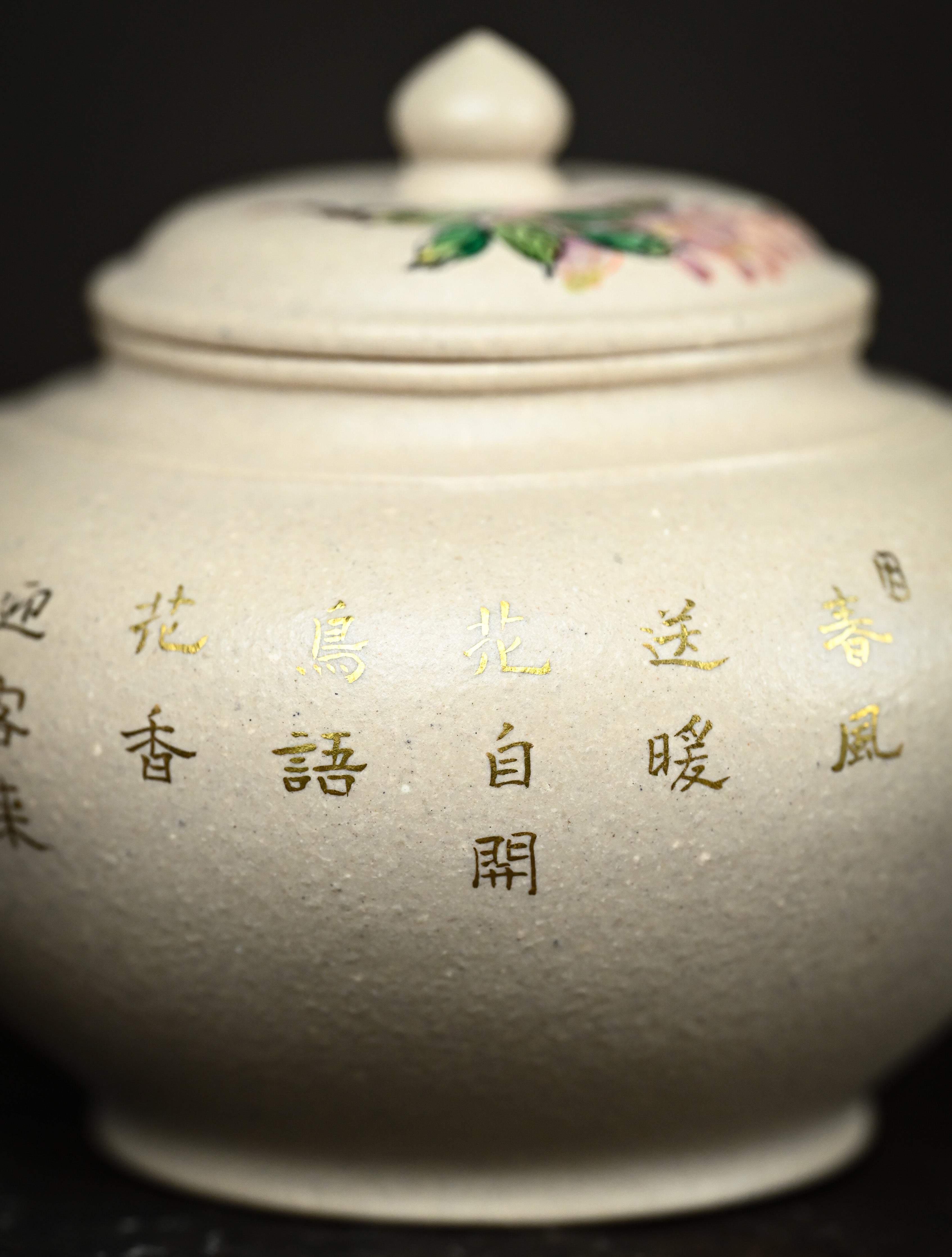 YANYOO handmade Yixing teapot featuring suet white jade Duanni clay and delicate bird-and-peach themed clay painting, Xiao Ying, lifestyle detail back side.
