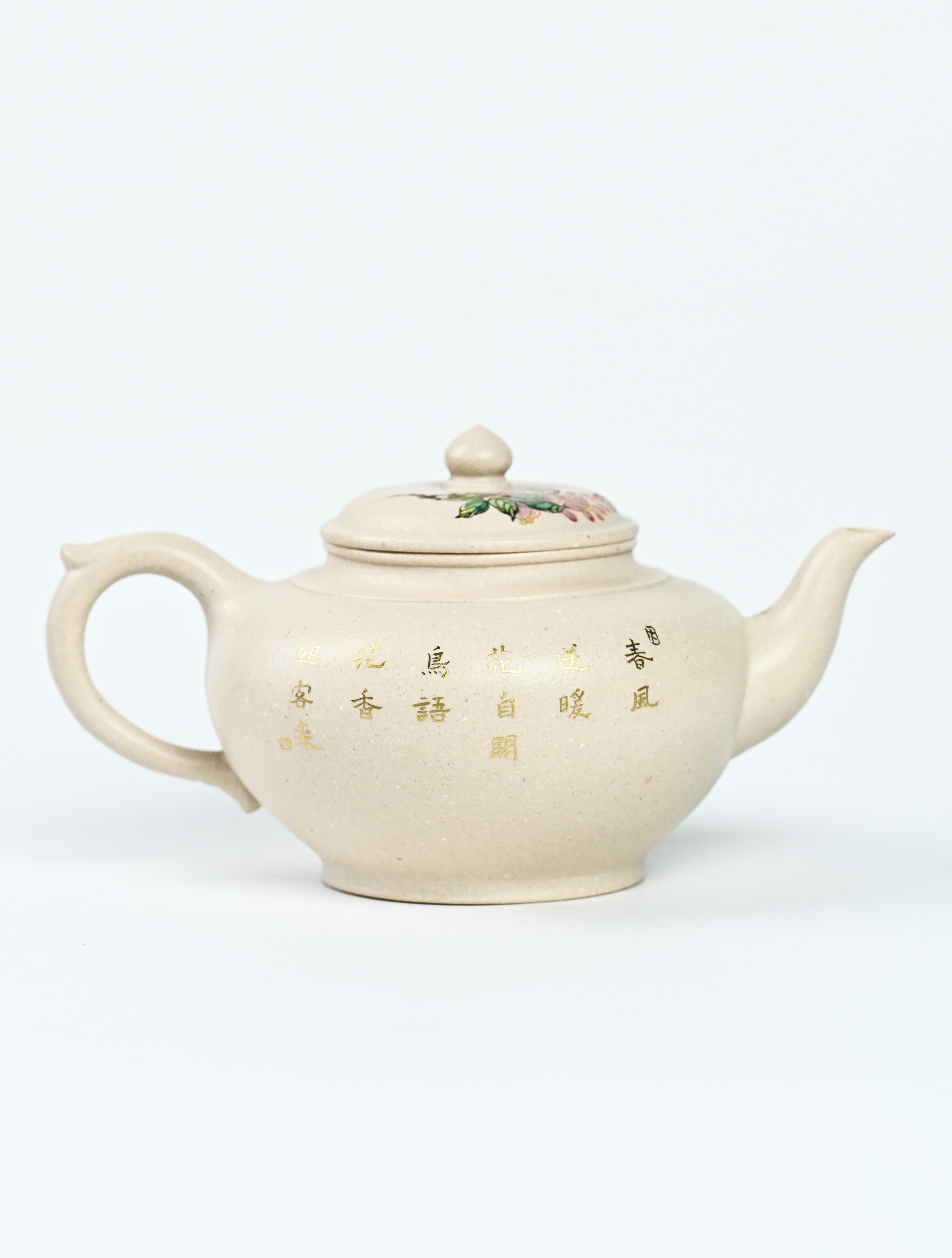 YANYOO handmade Yixing teapot featuring suet white jade Duanni clay and delicate bird-and-peach themed clay painting, Xiao Ying, product right side.