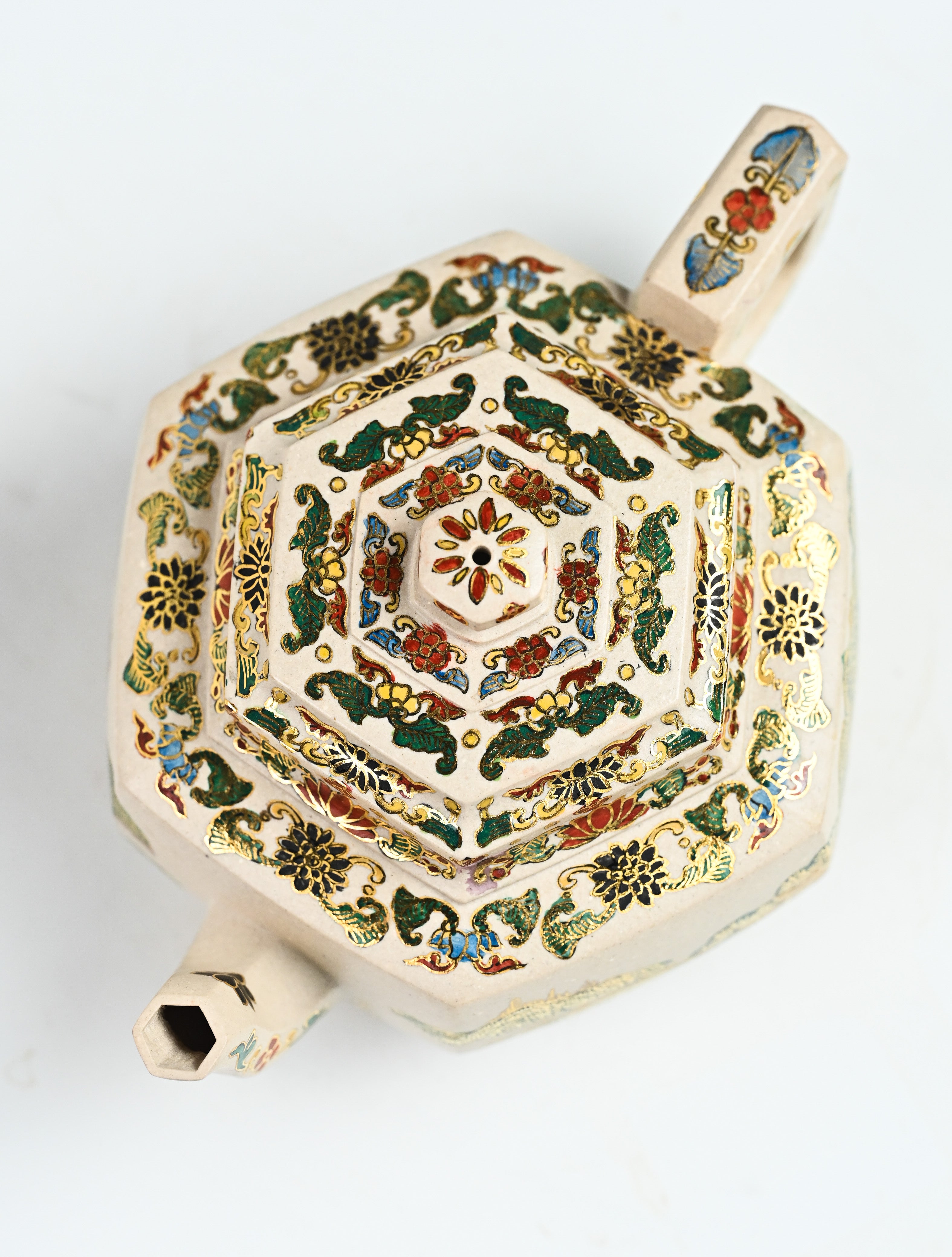 YANYOO handmade Yixing teapot featuring suet white jade Duanni clay and delicate Falangcai, product top side.