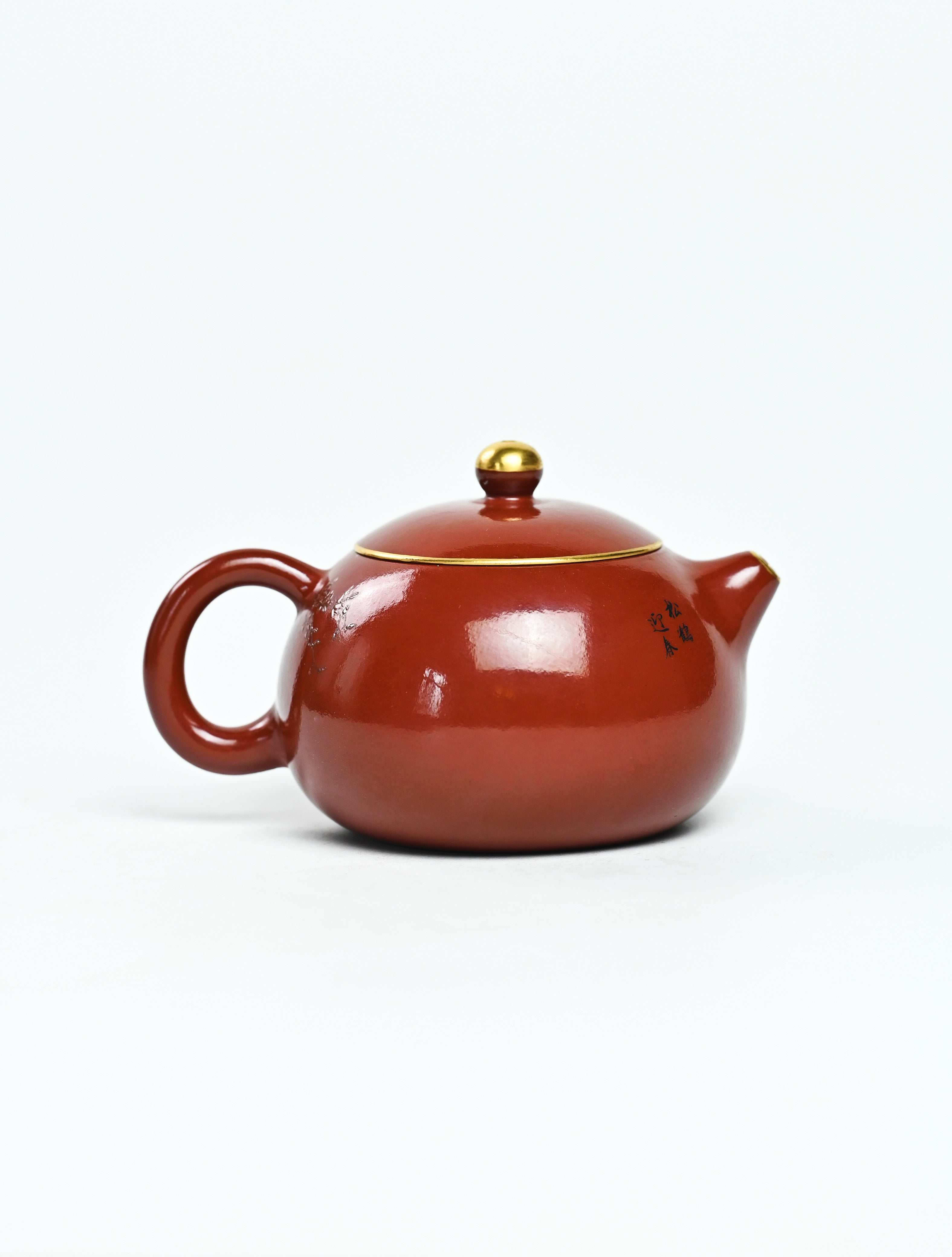 YANYOO handmade Yixing teapot featuring Shuimo polish technique and delicate painting of crane-and-flower motif, product right side.