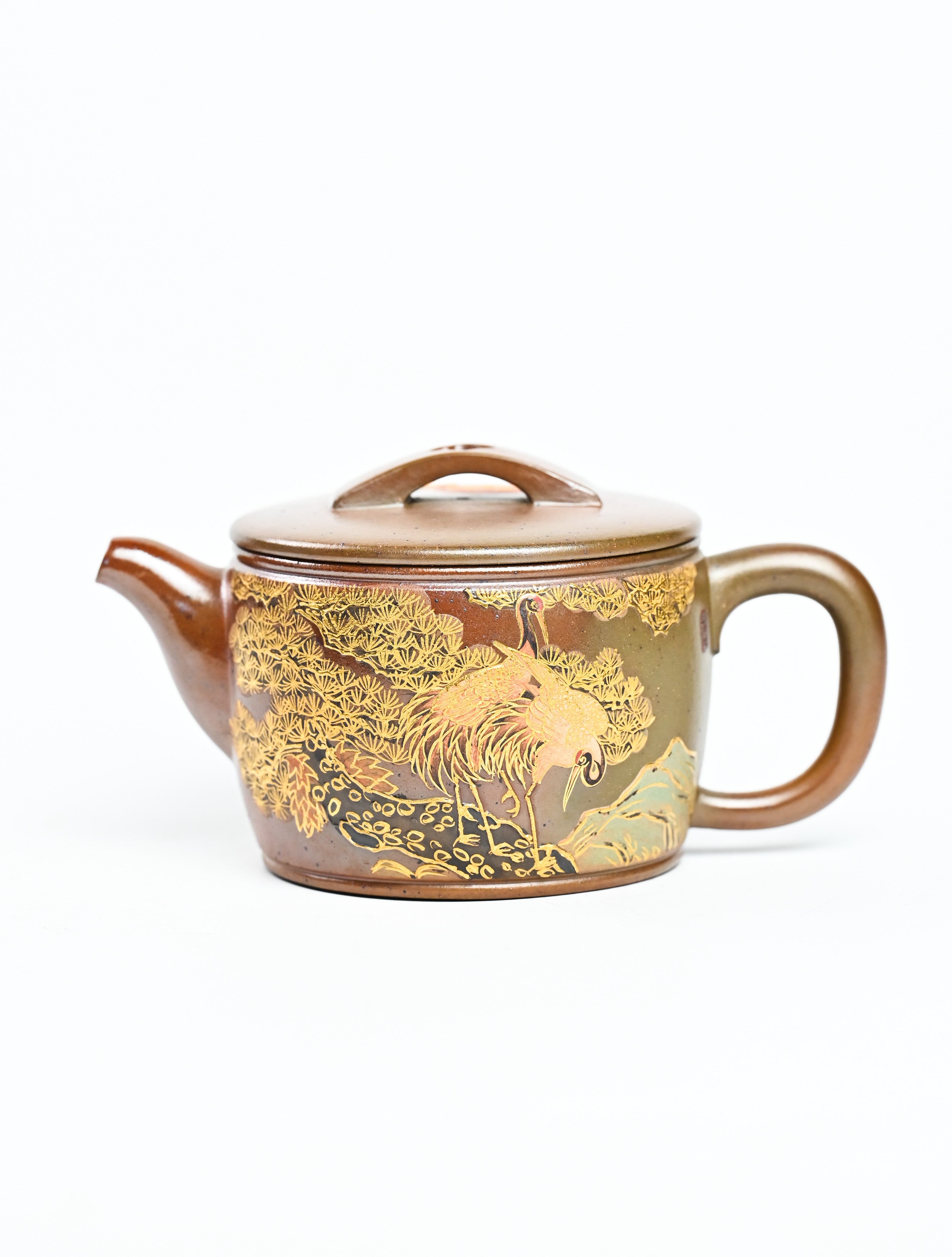 YANYOO handmade wood-fired Yixing teapot featuring hand-painted crane and gold enamel, product left side.