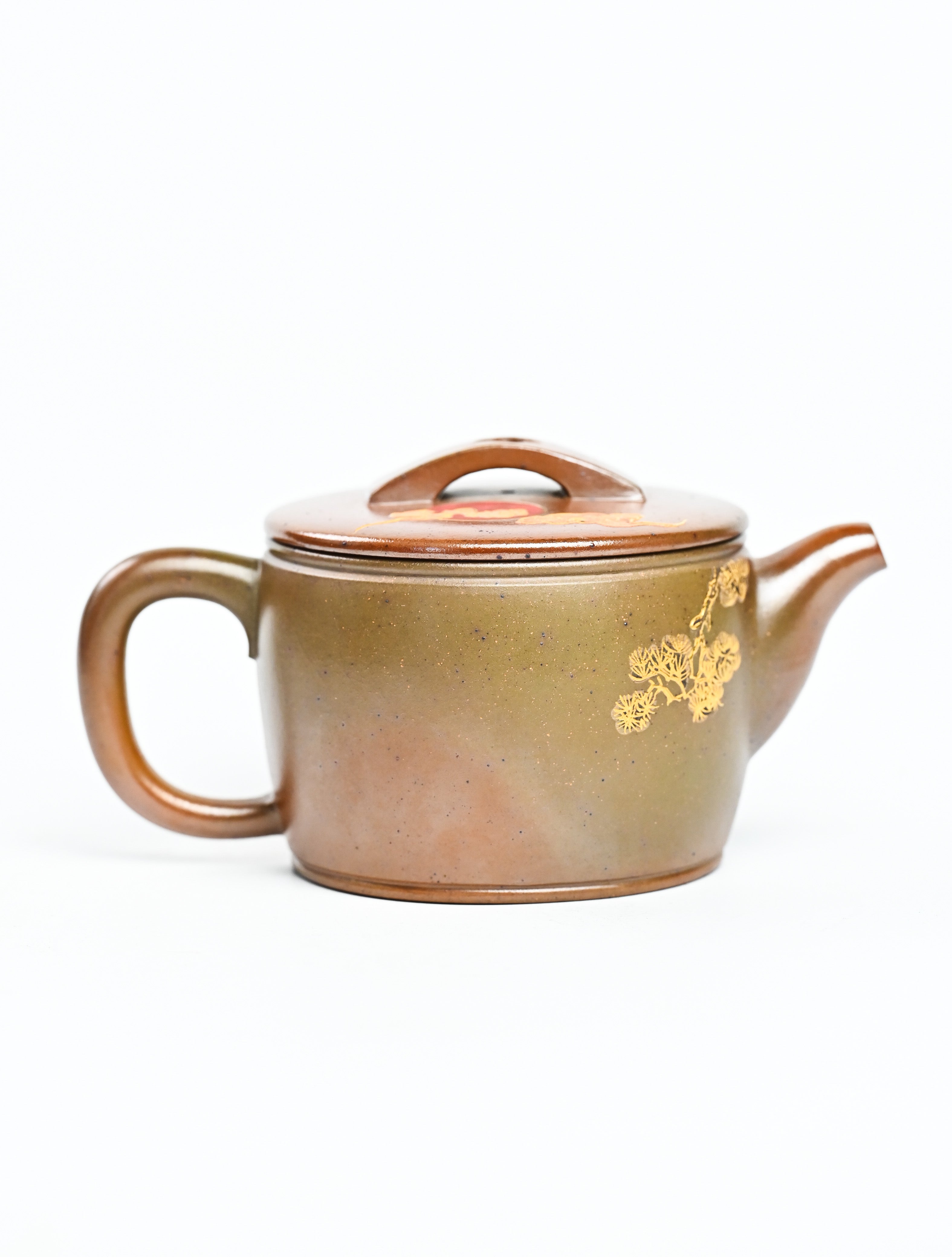 YANYOO handmade wood-fired Yixing teapot featuring hand-painted crane and gold enamel, product right side.