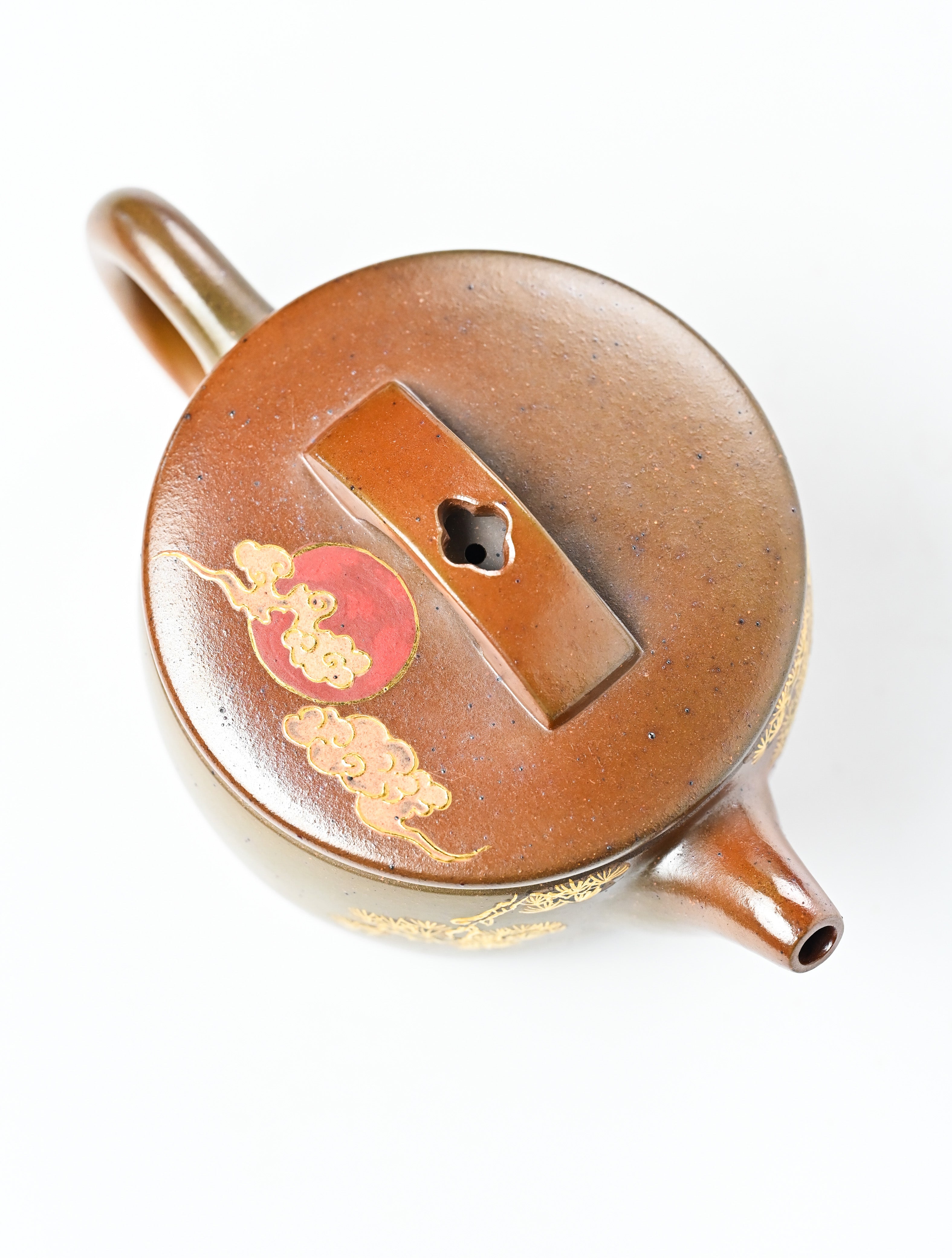 YANYOO handmade wood-fired Yixing teapot featuring hand-painted crane and gold enamel, product top side.