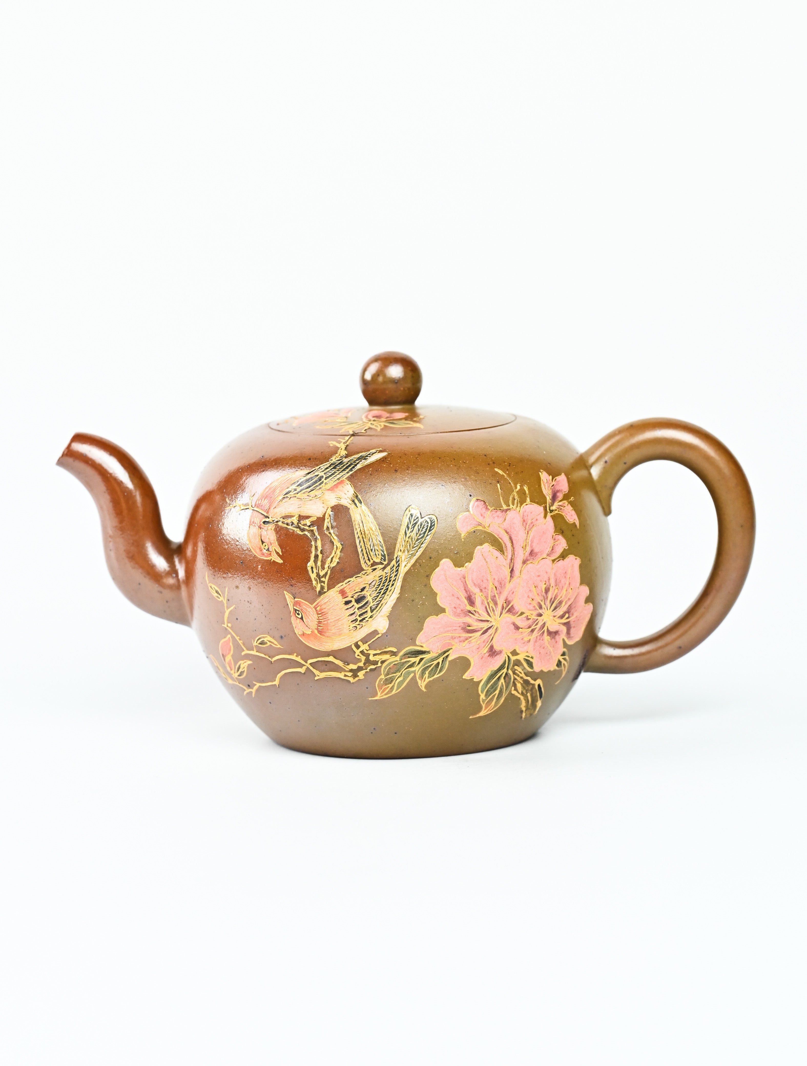 YANYOO handmade wood-fired Yixing teapot featuring hand-painted floral-and-bird motif, product right side.