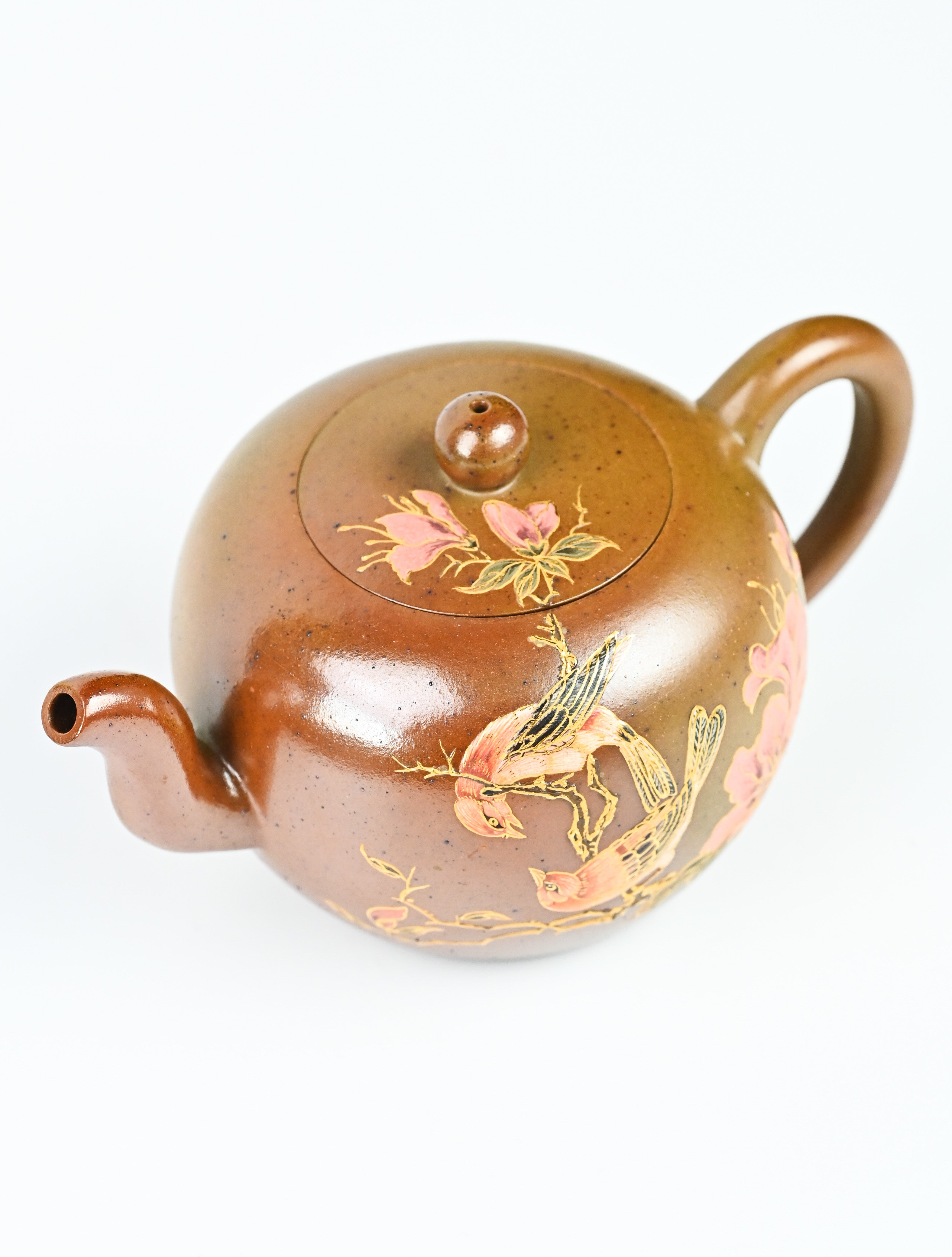 YANYOO handmade wood-fired Yixing teapot featuring hand-painted floral-and-bird motif, product top side.