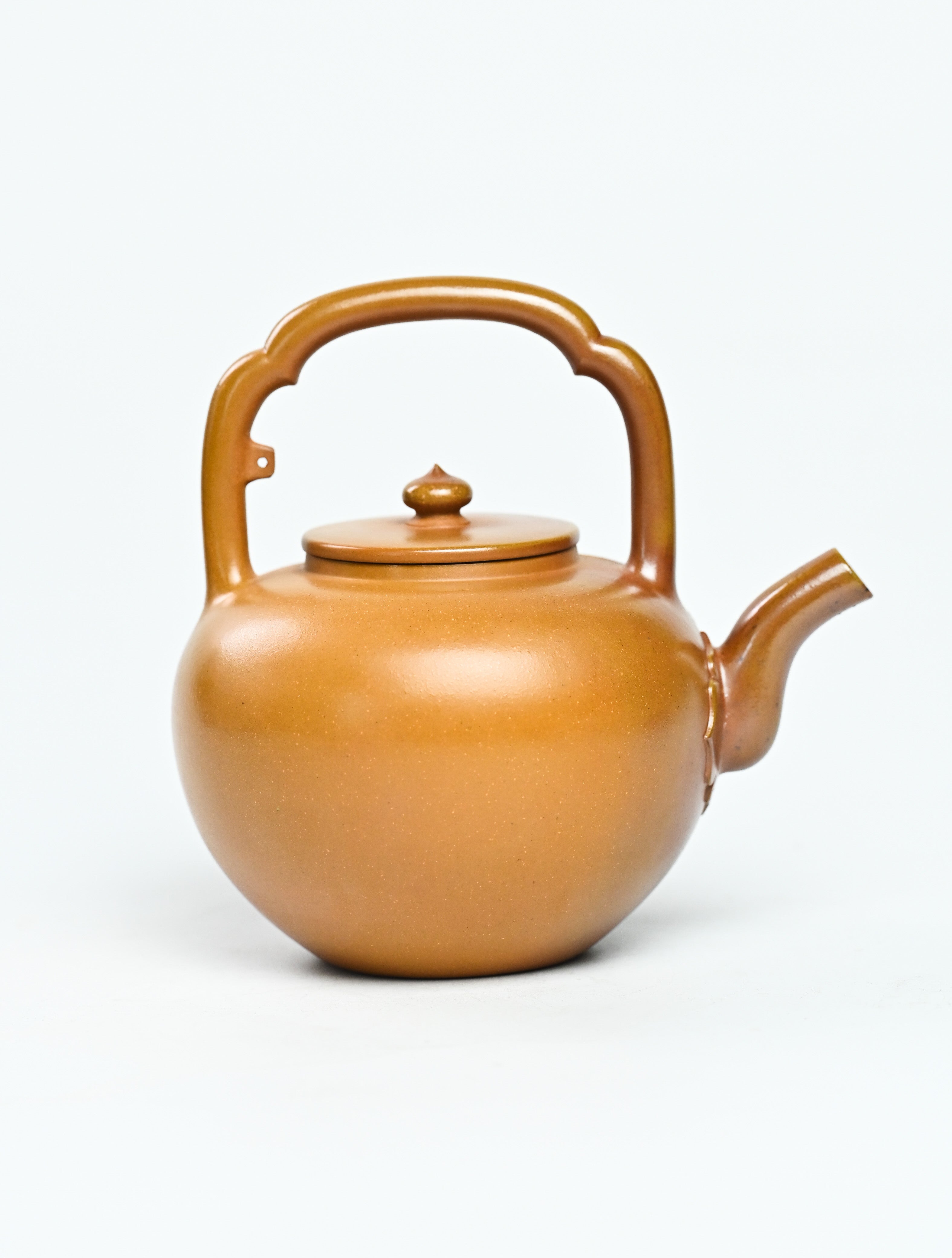 YANYOO handmade wood-fired Yixing teapot featuring hand-painted floral-and-bird motif and lifting handle, product right side.