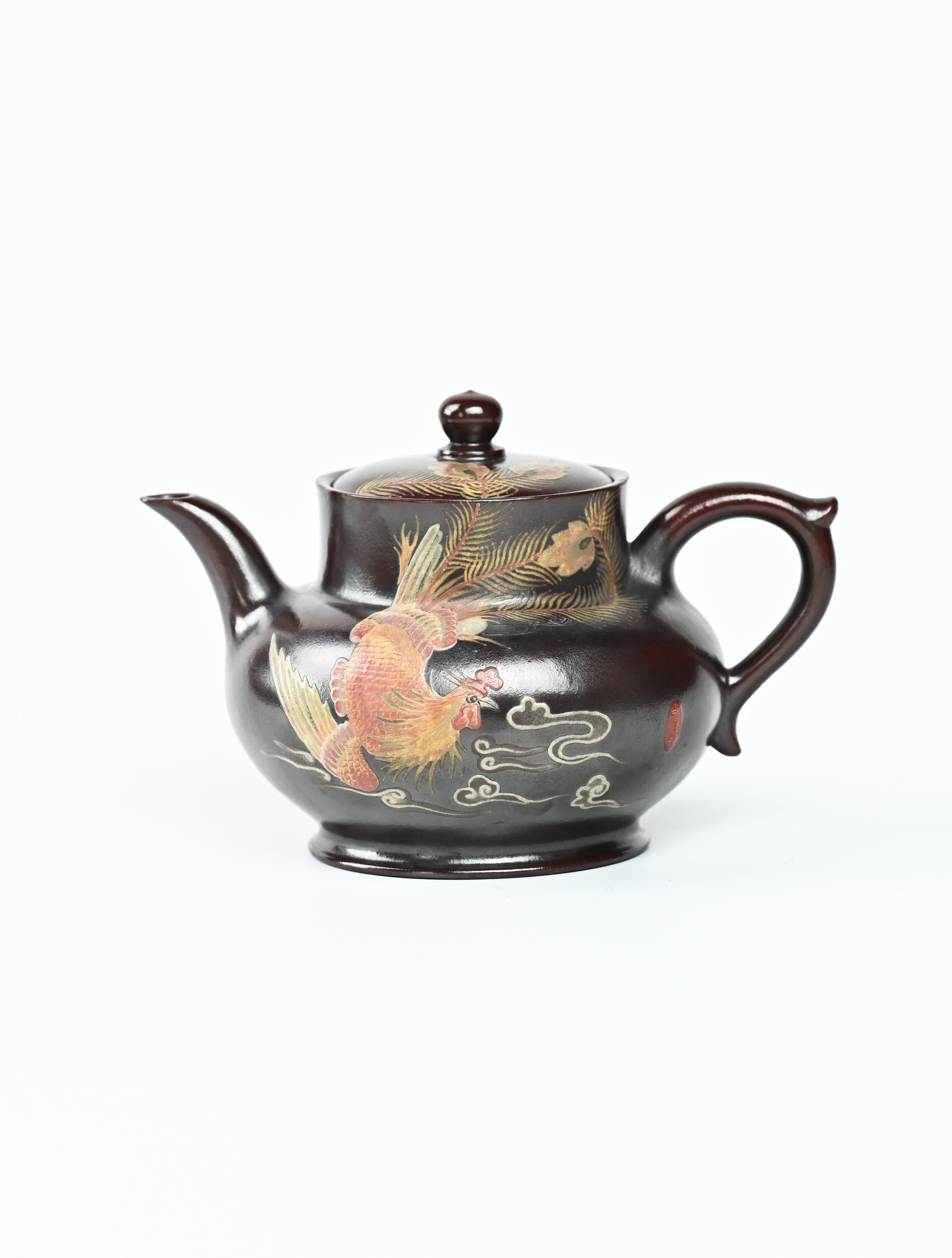 YANYOO handmade Yixing teapot featuring aged Wuni clay and phoenix-and-cloud painting, product left side.