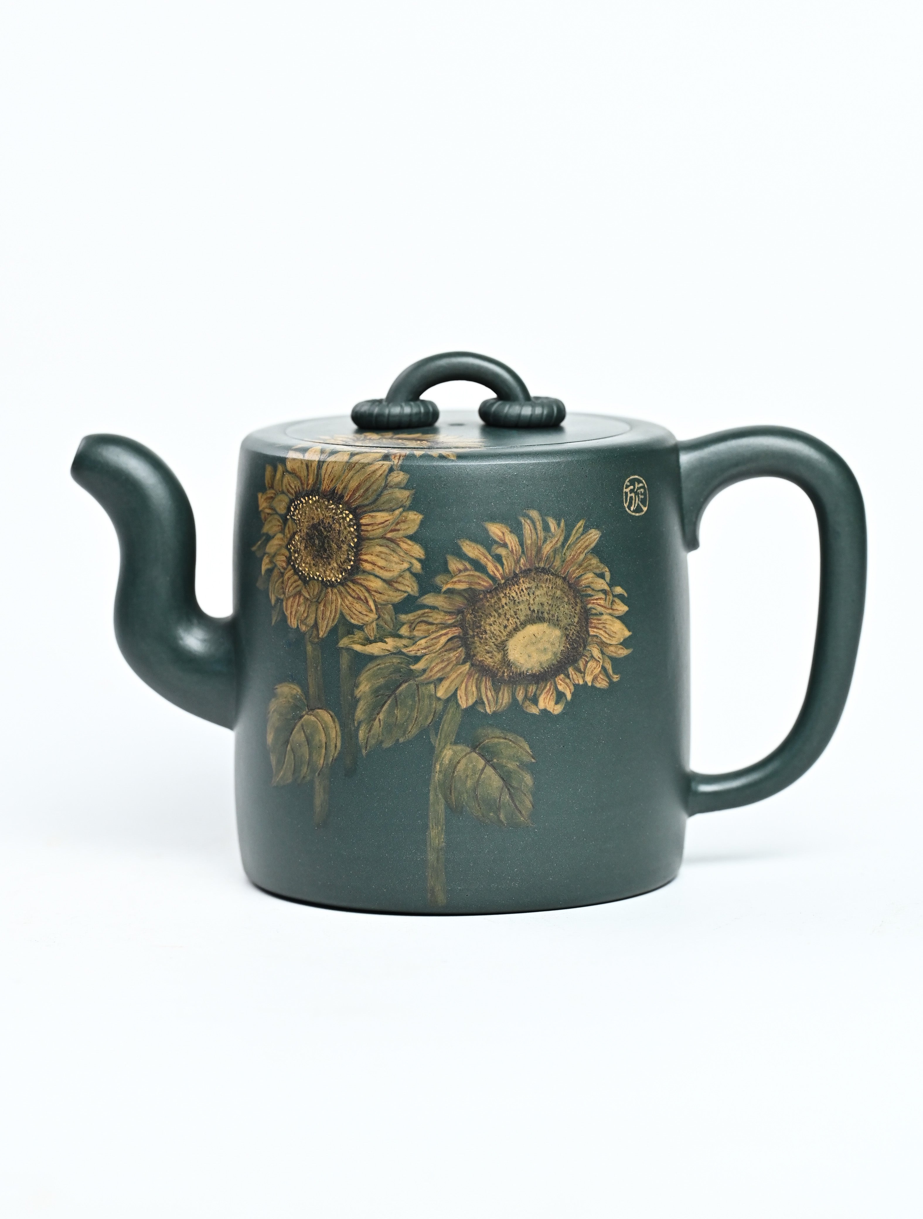 YANYOO handmade Yixing teapot featuring aged green clay and embedded painting of sunflower by Master Xuanzi, product left side.