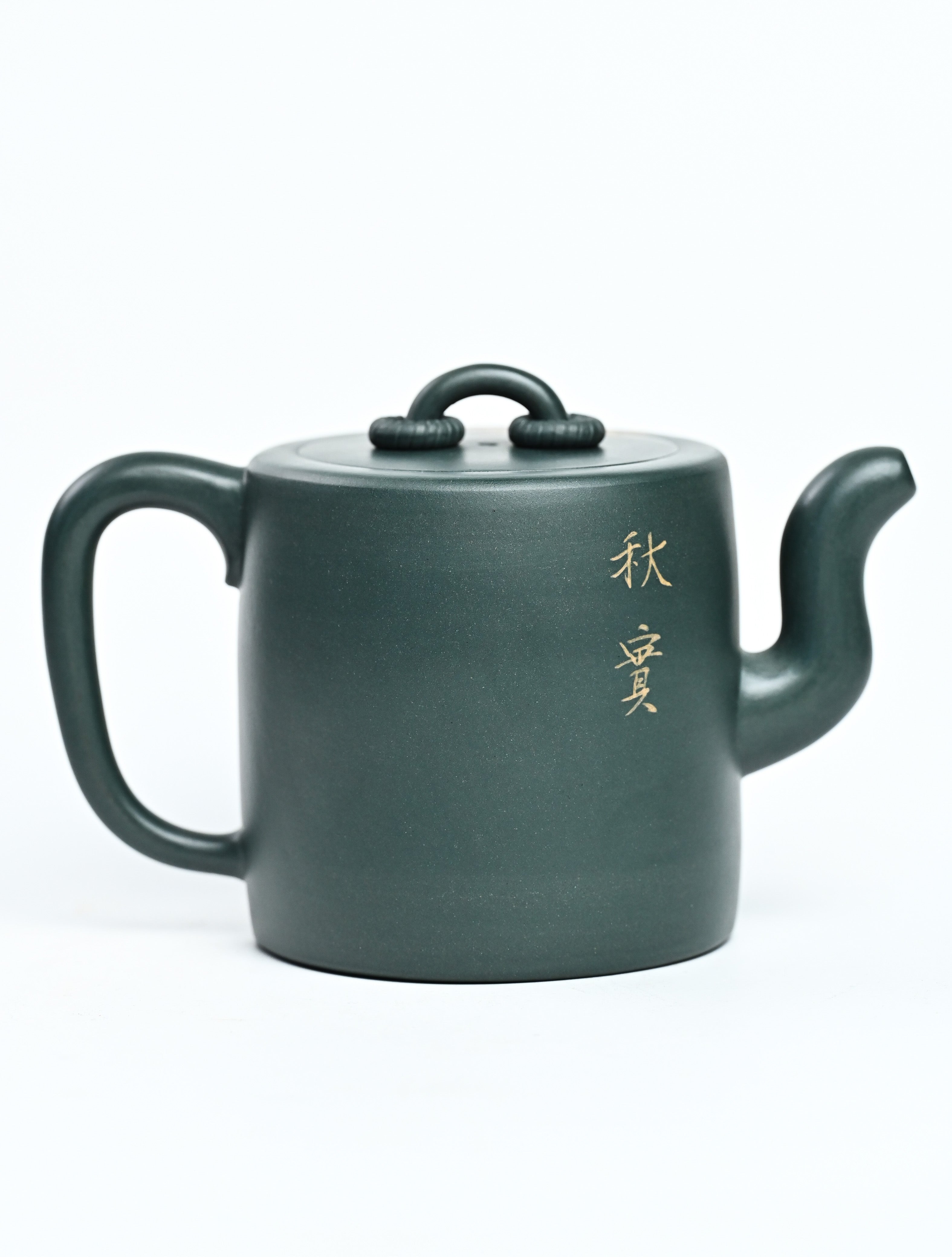 YANYOO handmade Yixing teapot featuring aged green clay and embedded painting of sunflower by Master Xuanzi, product right side.