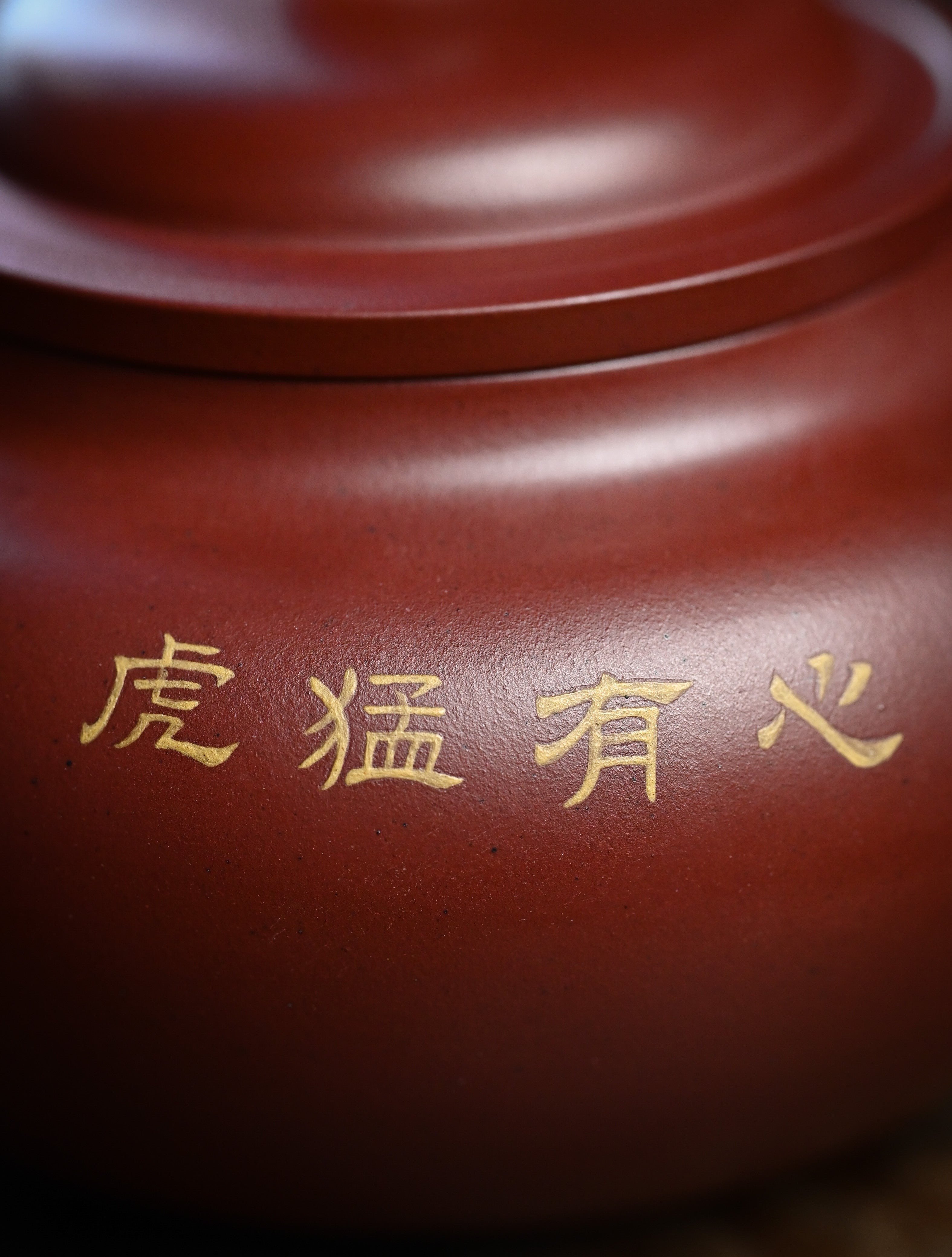 YANYOO handmade Yixing teapot featuring Hong Pi Long clay and embedded painting of cat by Master Xuanzi, lifestyle detail rear.