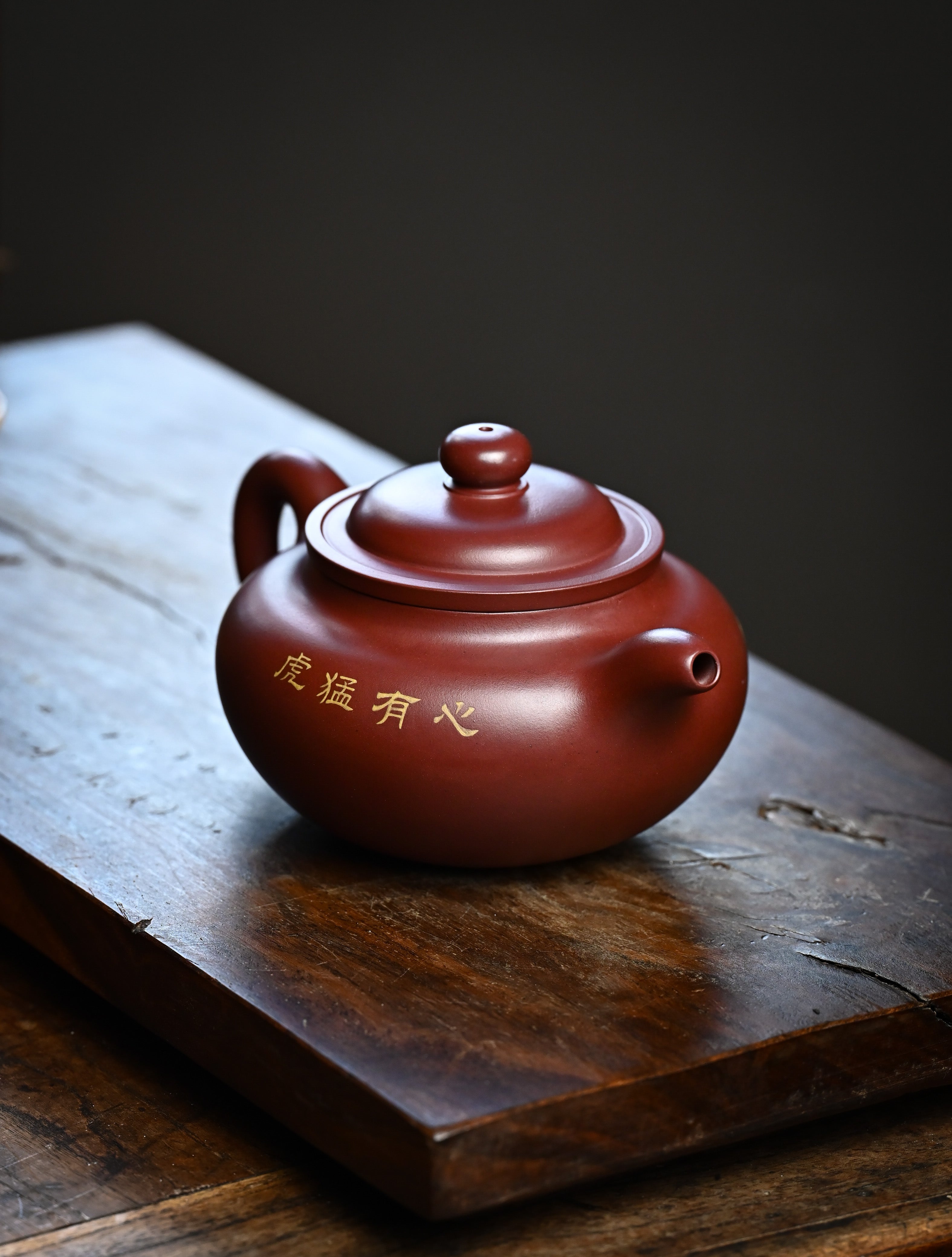 YANYOO handmade Yixing teapot featuring Hong Pi Long clay and embedded painting of cat by Master Xuanzi, lifestyle right side.