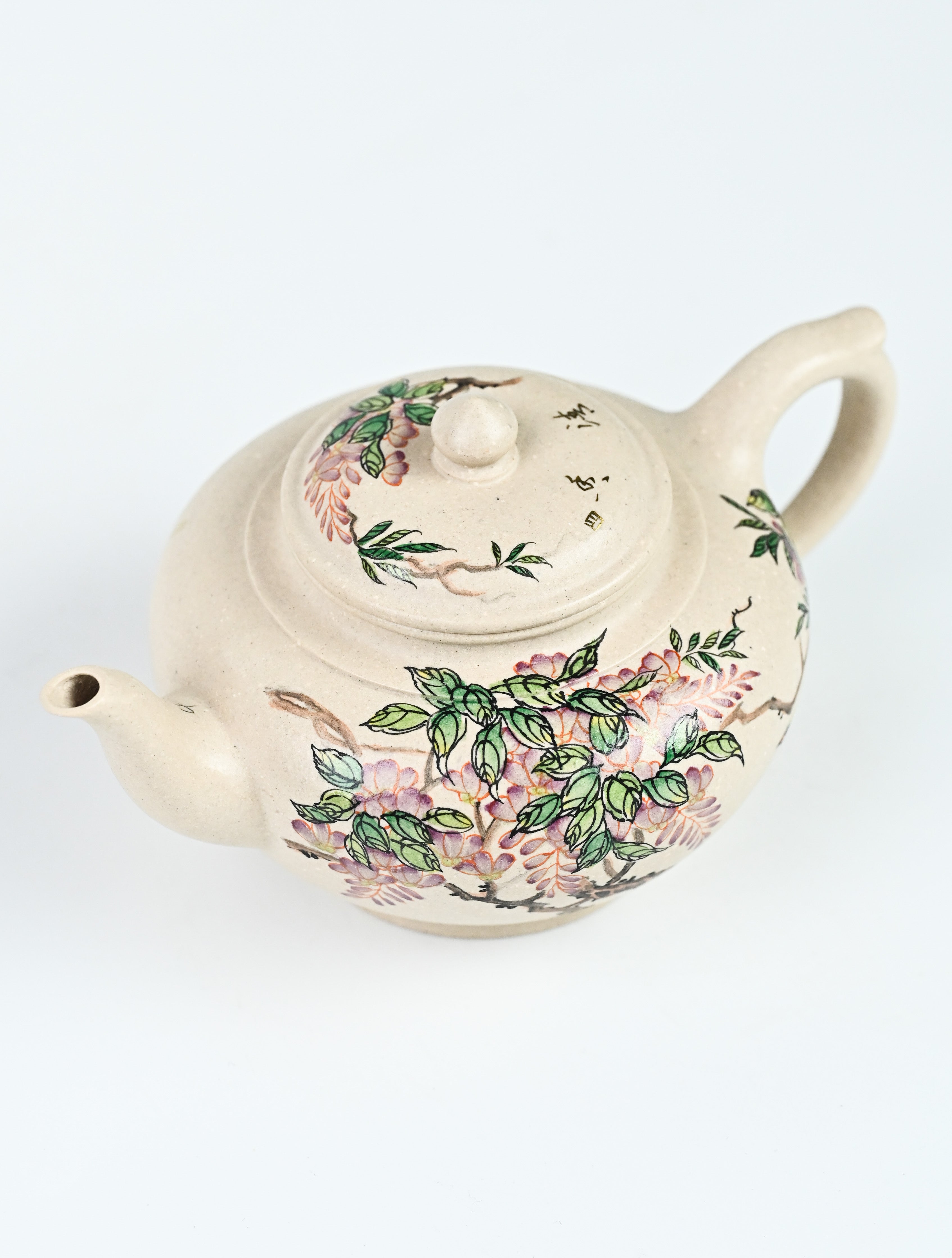 YANYOO handmade Yixing teapot featuring suet white jade Duanni clay and delicate bird-and-peach themed clay painting, Xiao Ying, product top side.