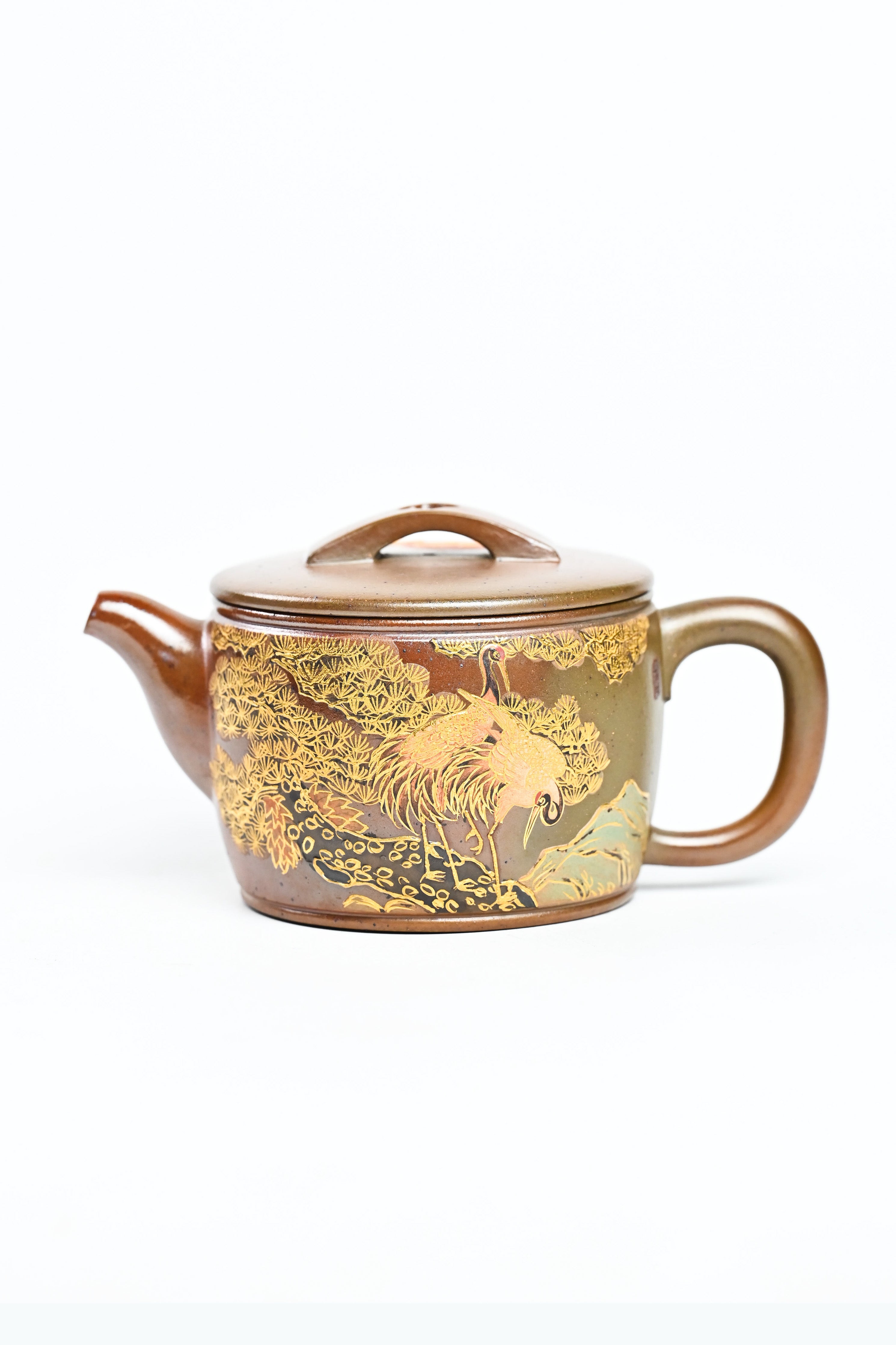 Handmade YANYOO Yixing teapot featuring hand-painted crane and gold enamel, product left side.