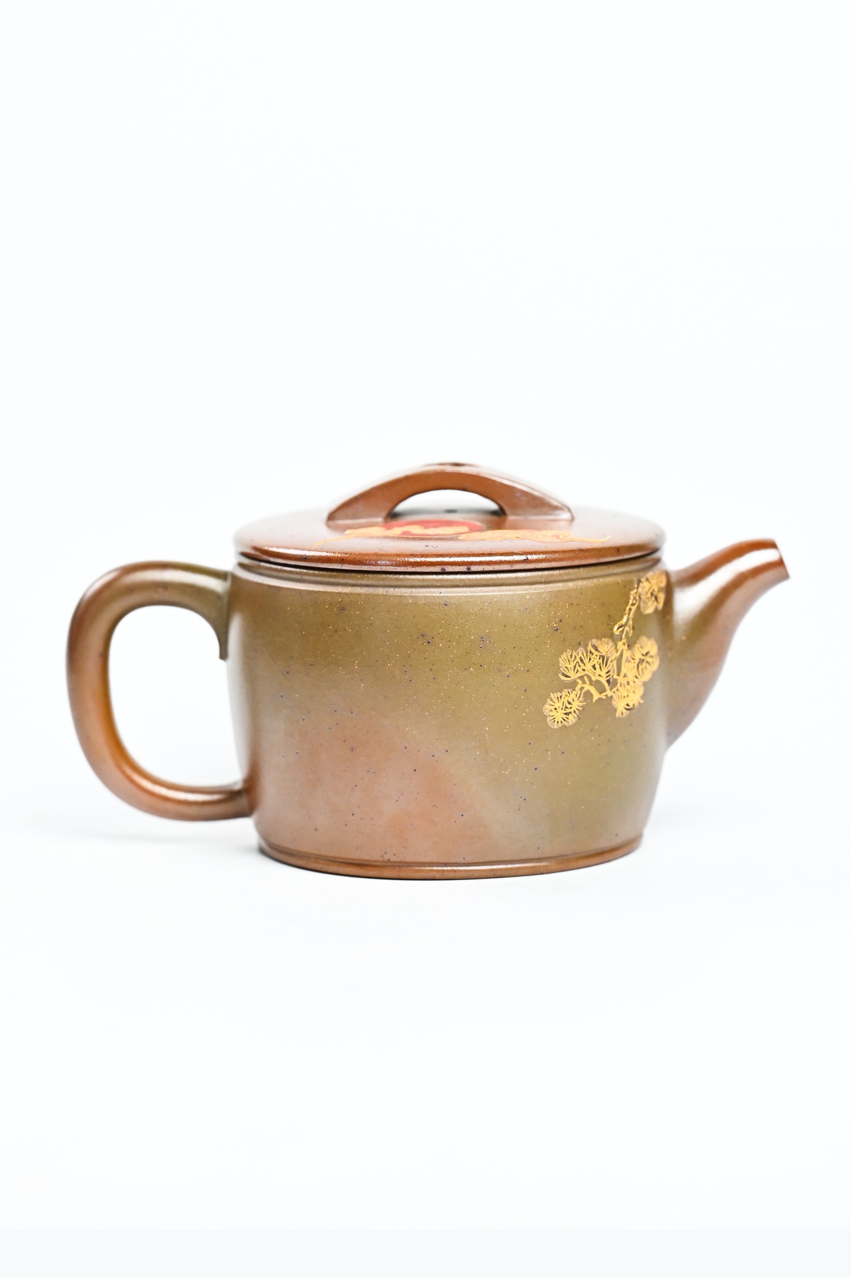 Handmade YANYOO Yixing teapot featuring hand-painted crane and gold enamel, product right side.