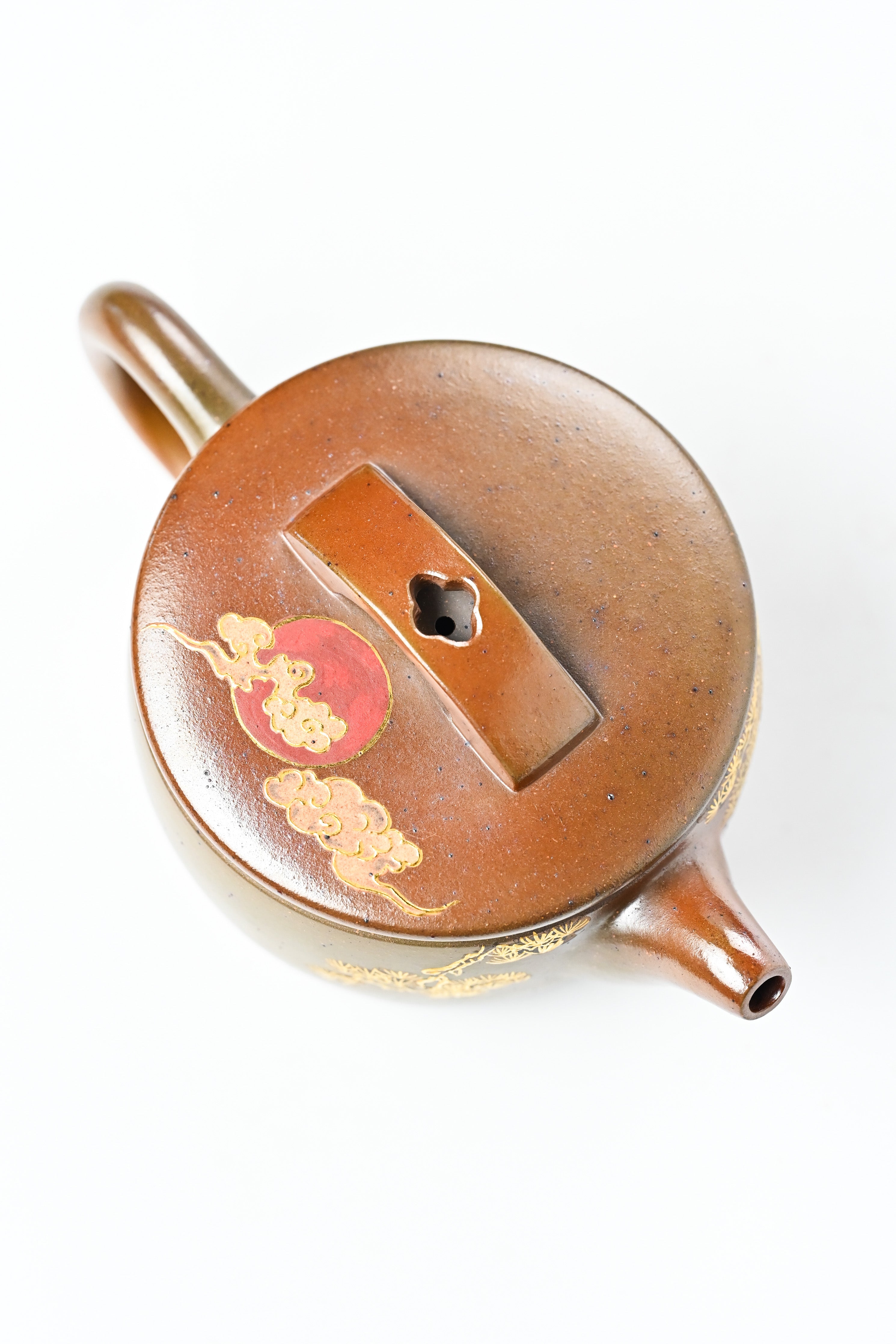 Handmade YANYOO Yixing teapot featuring hand-painted crane and gold enamel, product top side.