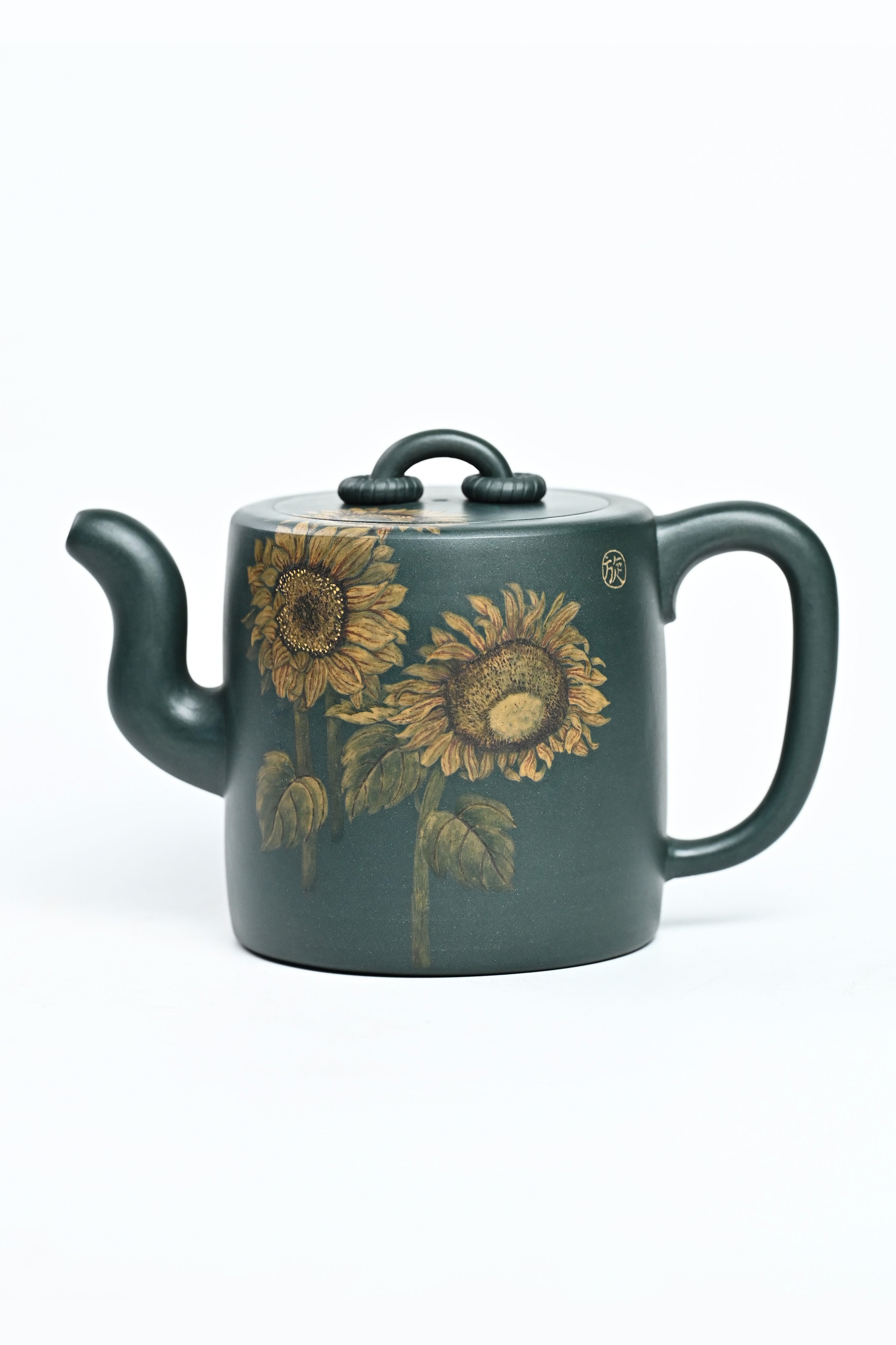 Handmade YANYOO Yixing teapot featuring aged green clay and sunflower design, product left side.