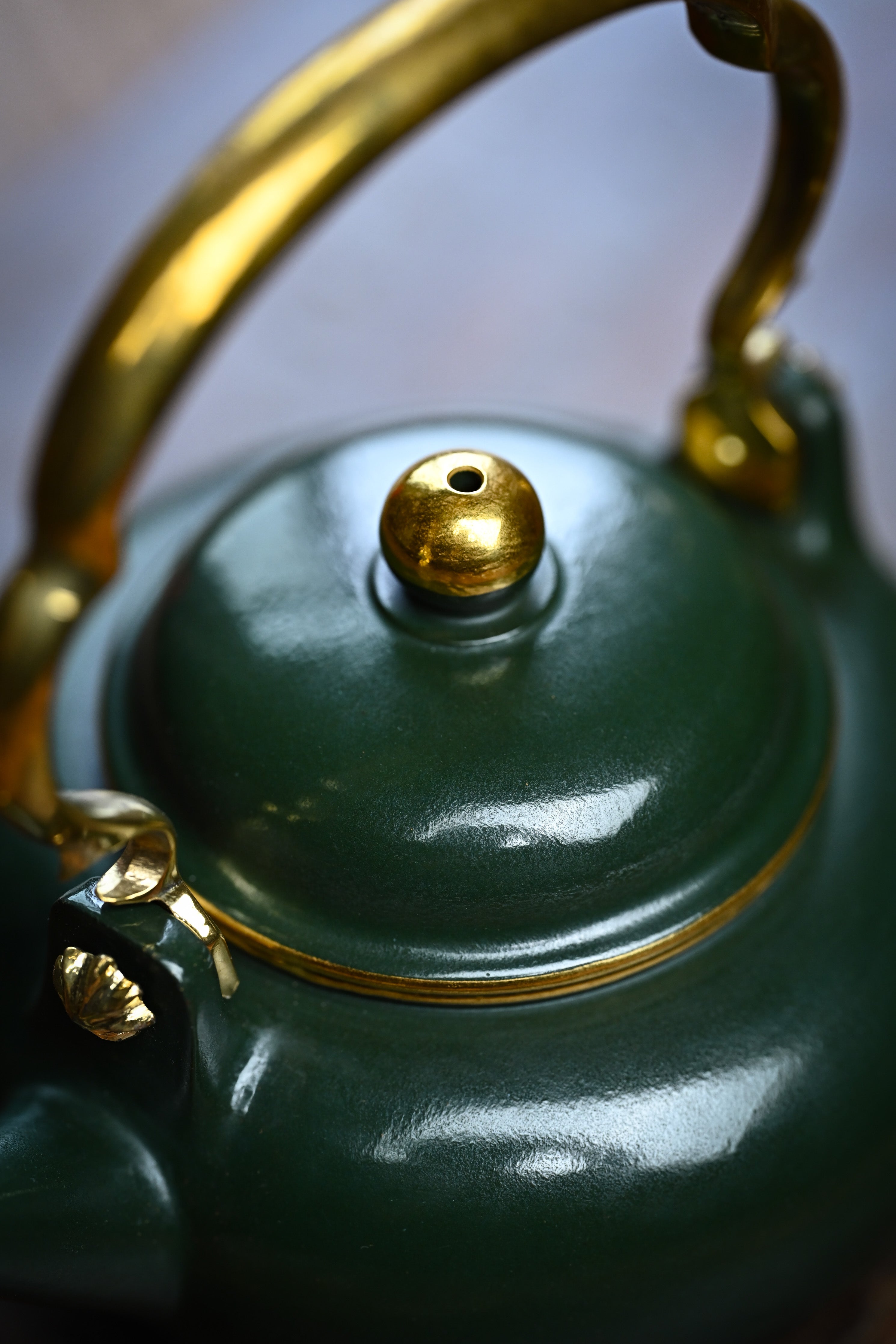 Handmade YANYOO Yixing teapot featuring Lvni clay and water-polished craftsmanship, lifestyle detail top.