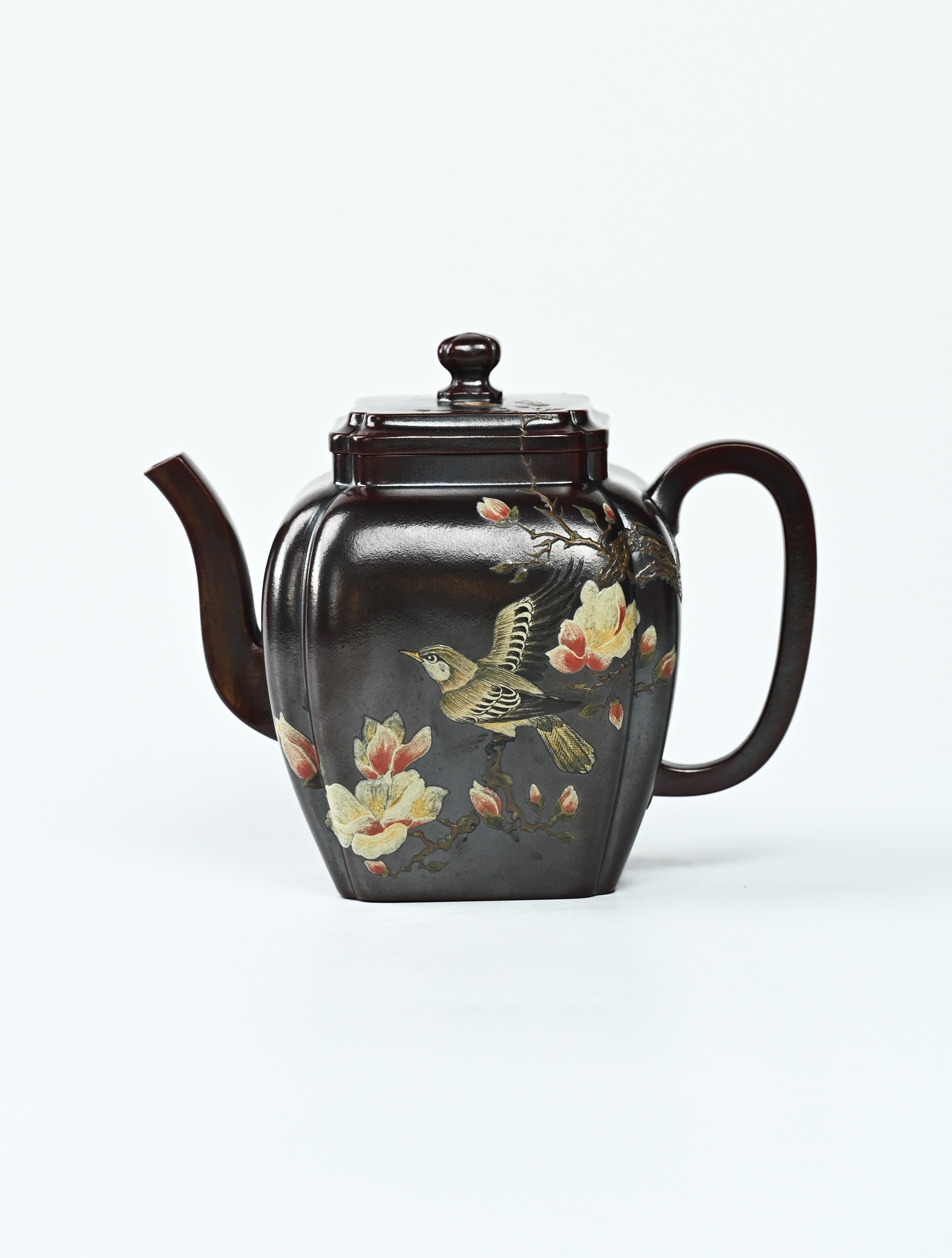 YANYOO handmade Yixing teapot featuring aged Wuni clay, bird-and-flower painting and a unique square shape, Ru Fang, product left side.