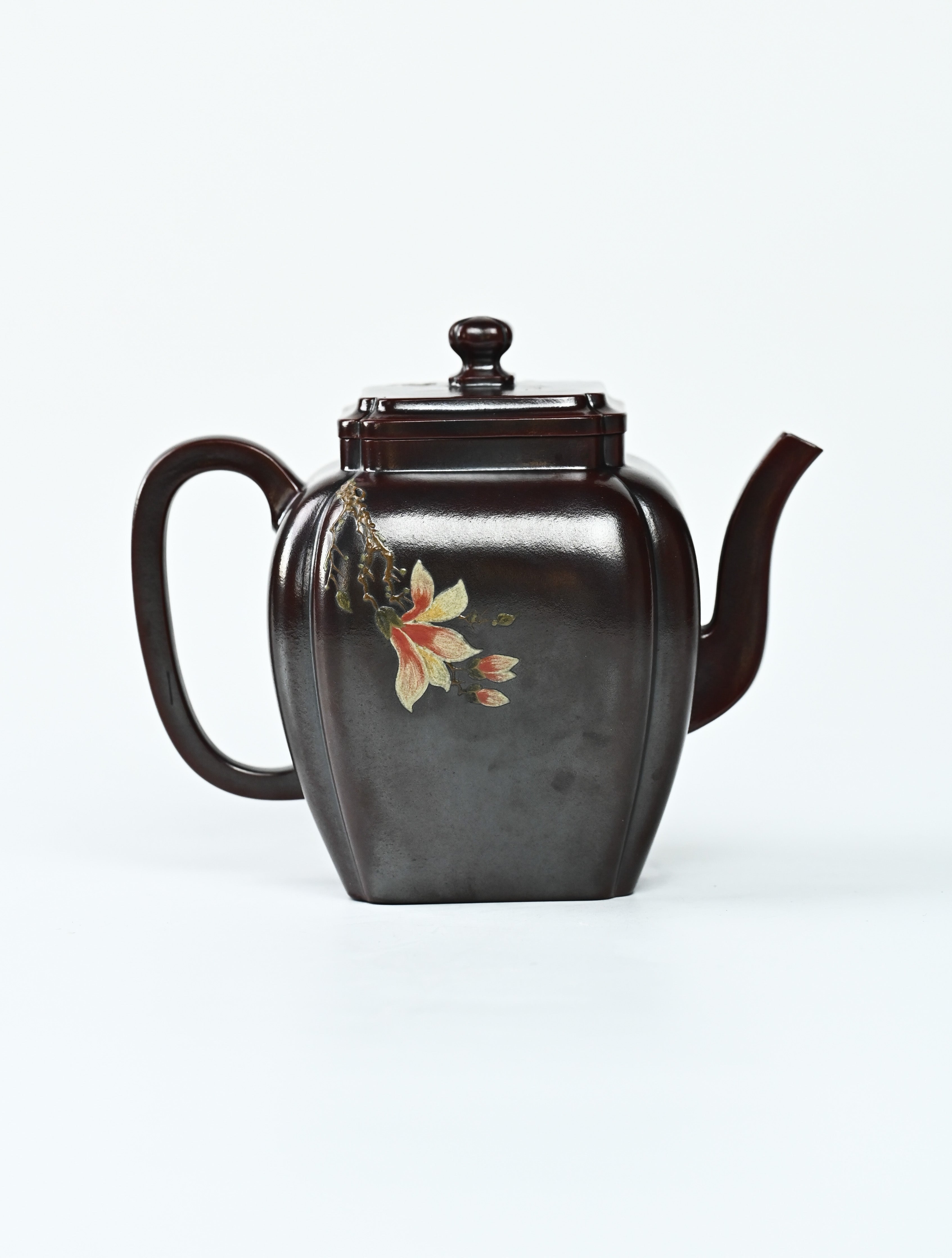 YANYOO handmade Yixing teapot featuring aged Wuni clay, bird-and-flower painting and a unique square shape, Ru Fang, product right side.