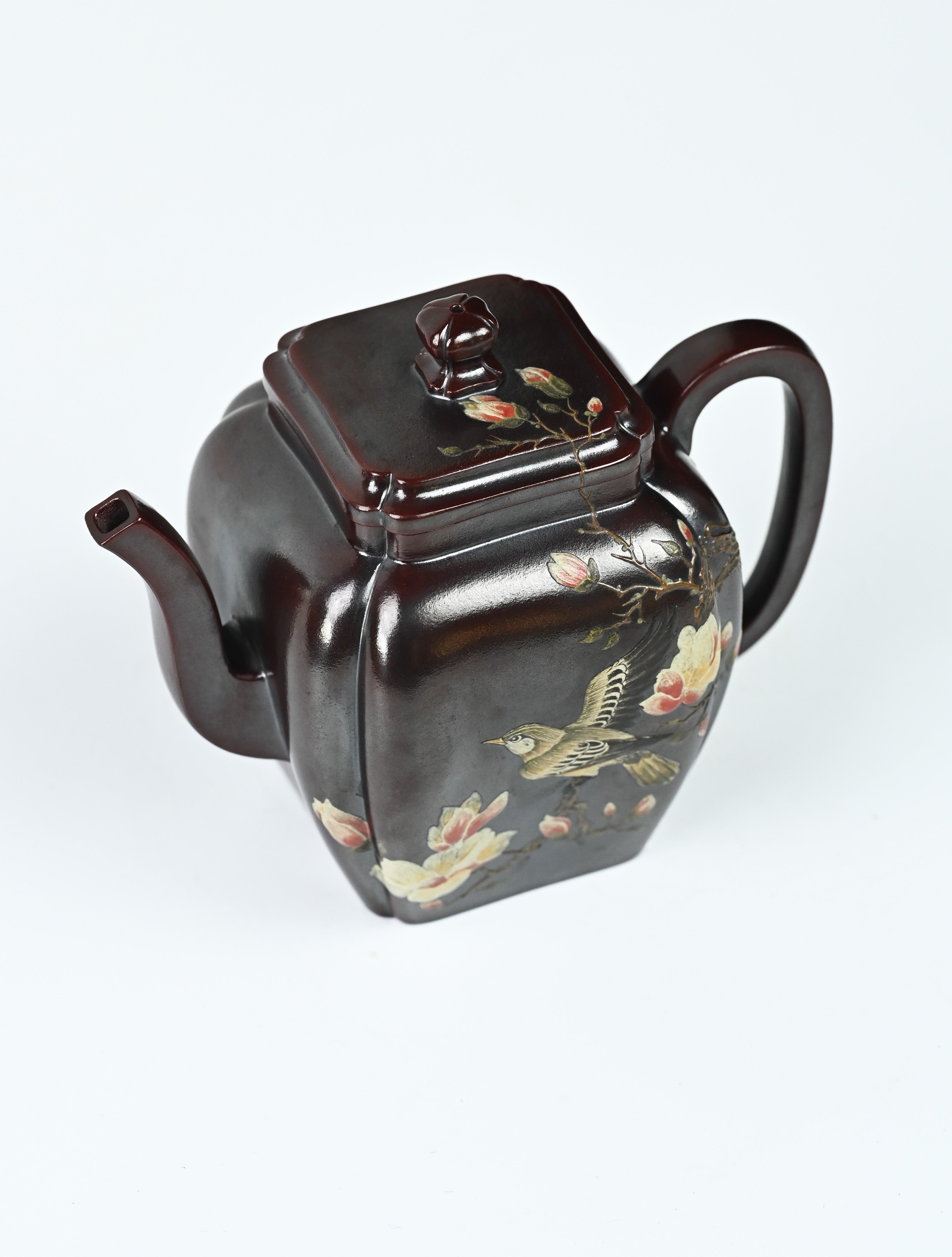 YANYOO handmade Yixing teapot featuring aged Wuni clay, bird-and-flower painting and a unique square shape, Ru Fang, product top side.