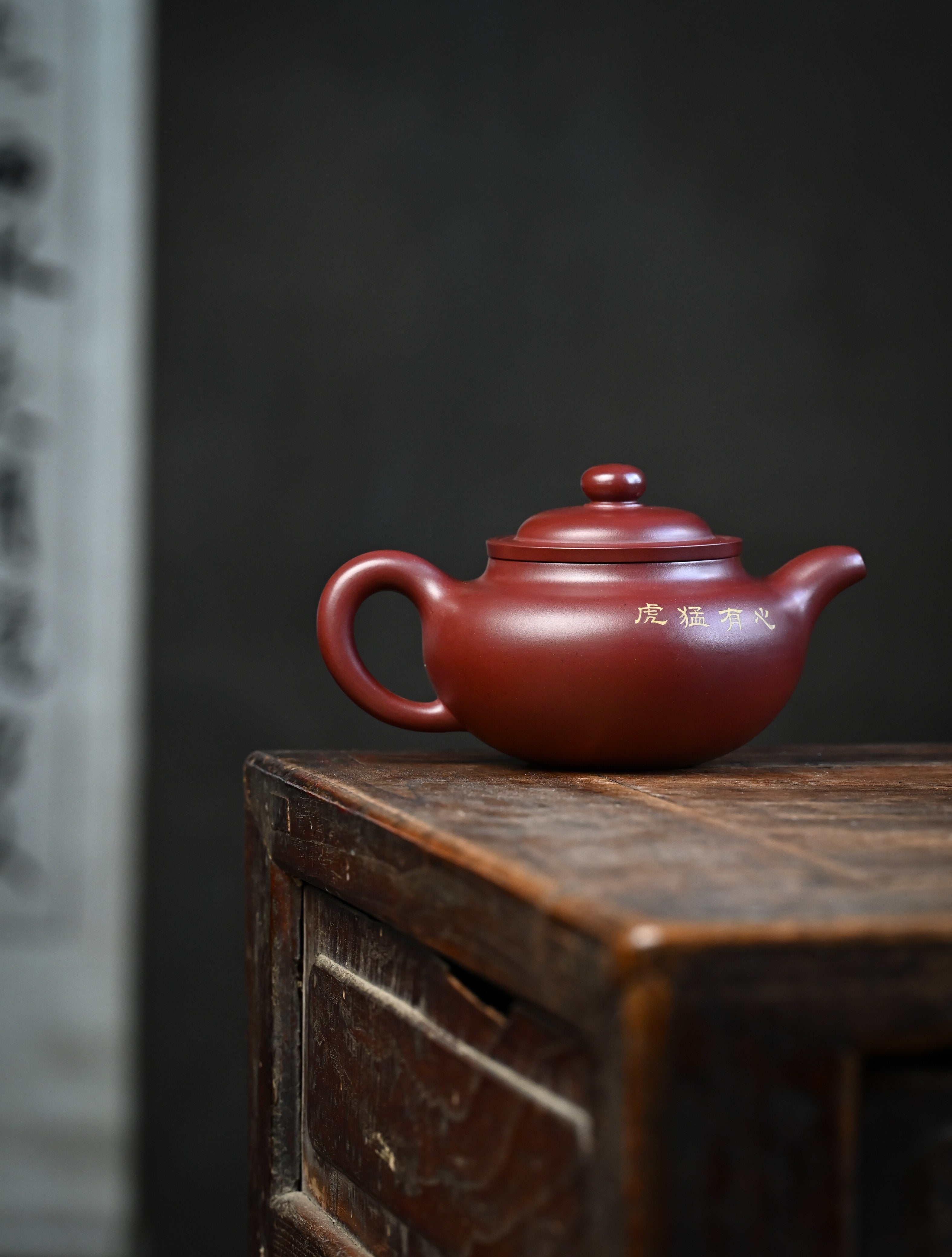 YANYOO handmade Yixing teapot featuring Hong Pi Long clay and embedded painting of cat by Master Xuanzi, lifestyle wide-angle right side.